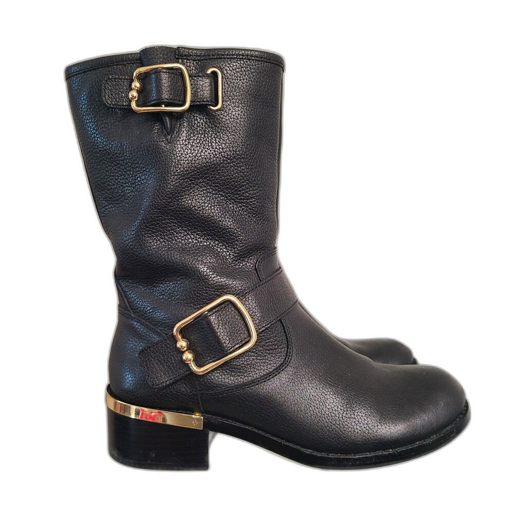 Vince Camuto Black Leather Moto Biker Boots Buckles 8.5 Zipper Gold Hardware 39